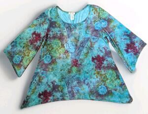 Brittany Black Top Womens Medium Blue Floral Handkerchief Hem Tunic Boho MI USA